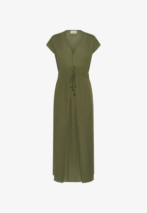 Olive green maxi dress with a V-neck, short cap sleeves, adjustable drawstring waist, and side slit. Made from soft, lightweight fabric.