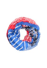 Wielokolorowy szalik w kształcie infinity z czerwonymi kwiatowymi, niebieskimi paskami i czarnymi kwiatowymi wzorami. Wykonany z lekkiego, miękkiego materiału.