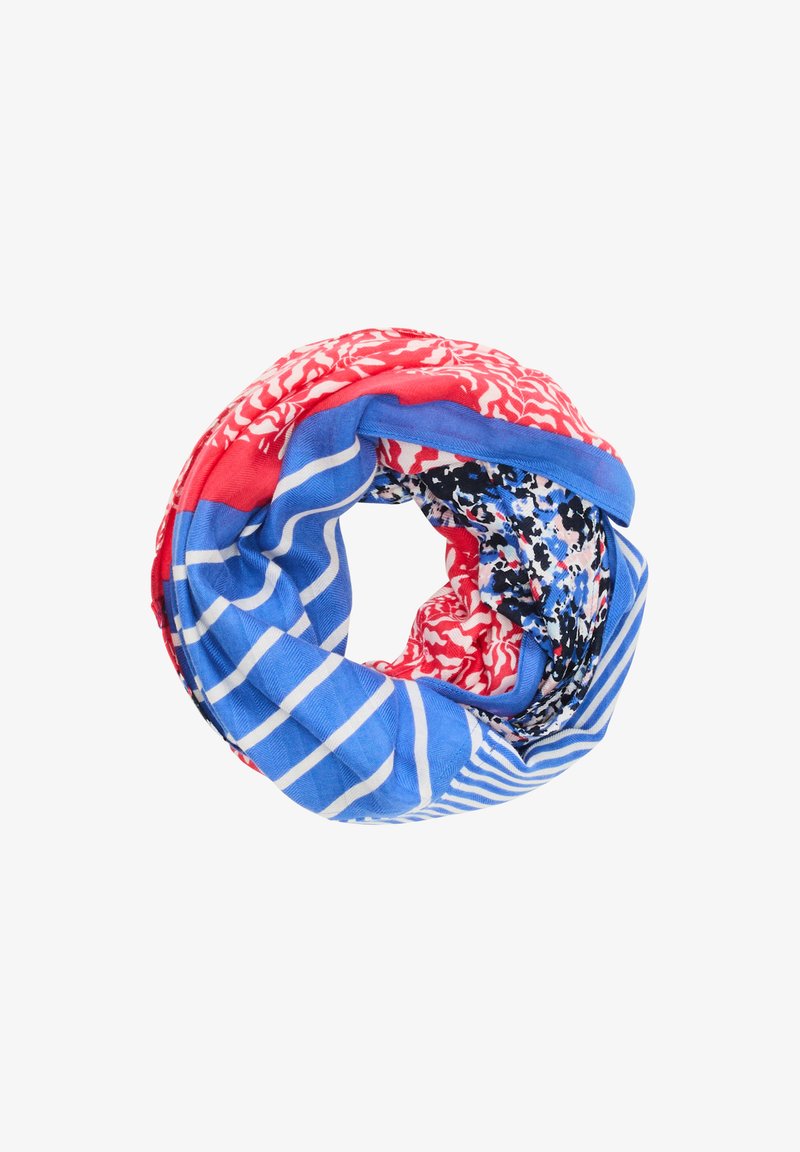 Wielokolorowy szalik w kształcie infinity z czerwonymi kwiatowymi, niebieskimi paskami i czarnymi kwiatowymi wzorami. Wykonany z lekkiego, miękkiego materiału.