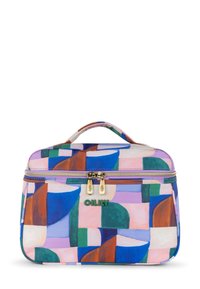 Kleurige make-uptas met geometrische patronen in blauw, roze, groen en bruin. Voorzien van gouden rits en een handvat aan de bovenkant om mee te nemen.