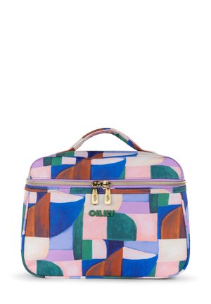 Kleurige make-uptas met geometrische patronen in blauw, roze, groen en bruin. Voorzien van gouden rits en een handvat aan de bovenkant om mee te nemen.