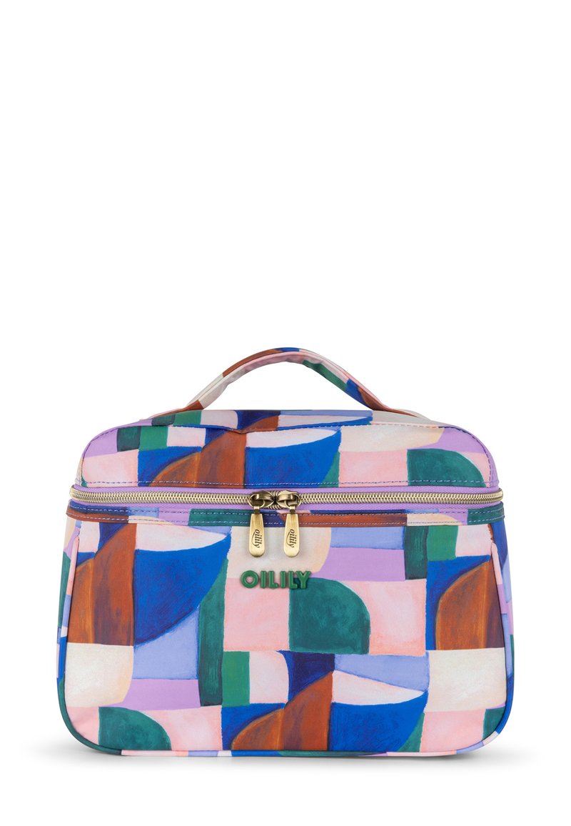 Kleurige make-uptas met geometrische patronen in blauw, roze, groen en bruin. Voorzien van gouden rits en een handvat aan de bovenkant om mee te nemen.