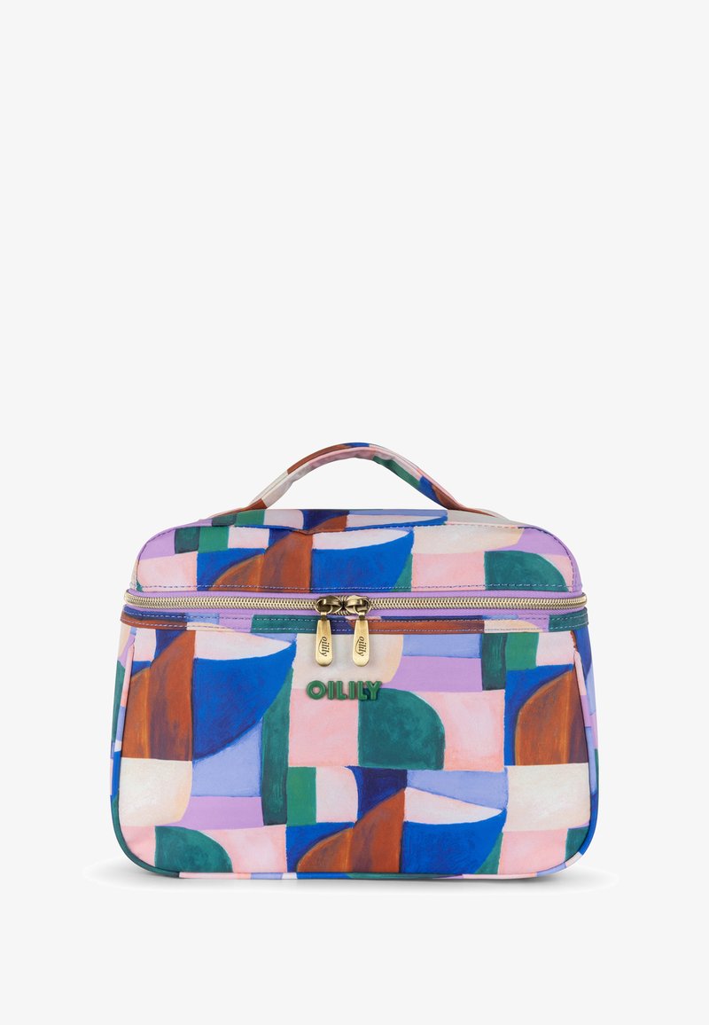 Kleurige make-uptas met geometrische patronen in blauw, roze, groen en bruin. Voorzien van gouden rits en een handvat aan de bovenkant om mee te nemen.