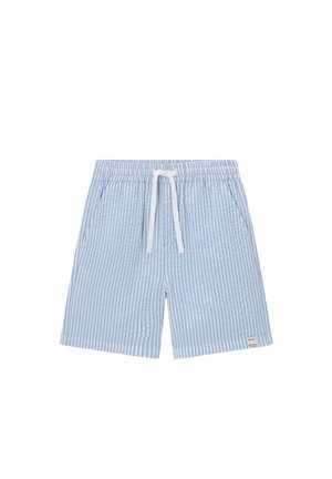 Lichtblauwe en witte verticale gestreepte shorts met elastische tailleband, witte trekkoord, zijzakken en een klein stoffen label aan de zoom.