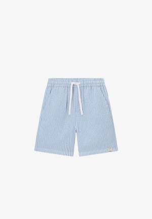 Lichtblauwe en witte verticale gestreepte shorts met elastische tailleband, witte trekkoord, zijzakken en een klein stoffen label aan de zoom.