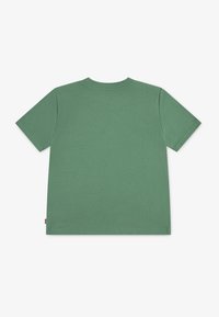 Tricou din bumbac verde, cu mânecă scurtă, de tip crew neck, într-o culoare uniformă cu o textură netedă, are un mic eticheta logo pe tivul lateral.