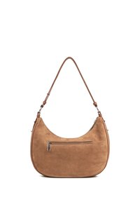 Wildleder-Handtasche in Hellbraun mit geschwungener Silhouette, einem Reißverschluss oben und einer vorderen Reißverschlusstasche. Details sind ein Lederriemen und Metallakzente.