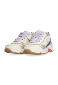 White and light beige athletic shoes with textured surfaces, lavender laces, and a shiny purple accent. Rubber sole with a grooved pattern.