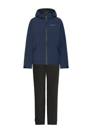 Navy waterproof jacket with a hood and front zipper, featuring two side pockets and black pants with adjustable cuffs.