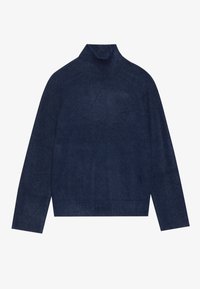 Pulover cu guler înalt de culoare bleu marin, cu detalii reliefate la guler și manșete, realizat dintr-un material tricotat moale și texturat, având o siluetă lejeră.