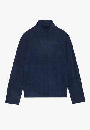 Navyfarbener Rollkragenpullover mit Rippdetails am Kragen und an den Bündchen, gefertigt aus einem weichen, strukturierten Strickstoff mit einer lässigen Silhouette.