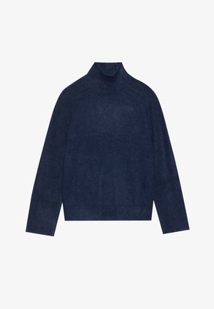 Laivyno mėlynos spalvos golfo megztinis su raukiniais ant apykaklės ir rankogalių, pagamintas iš minkšto, tekstūruoto mezginio audinio su atsipalaidavusiu siluetu.