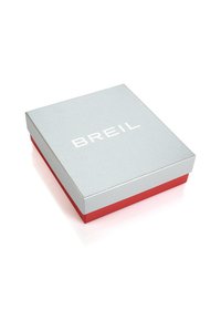 Sølv rektangulær kasse med en glat overflade, der har en rød bund og "BREIL"-logoet i hvidt på toppen.