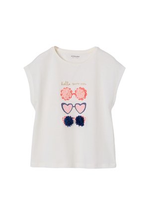 White short-sleeve toddler shirt with three pairs of decorative sunglasses and "hello summer" text in gold above.