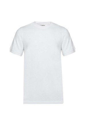 T-shirt bianco in cotone con collo rotondo, maniche corte e orlo dritto. Texture liscia, senza motivi o dettagli, design minimalista.