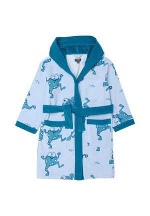 Blauer Bademantel mit Kapuze, versehen mit verspielten grünen Charakterdruckmotiven. Weiche Textur, Ärmel bis zur Mitte des Arms und ein Gürtel in der Taille. Zwei Fronttaschen.