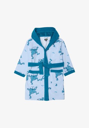Blue bathrobe with a hood, featuring playful green character prints. Soft texture, mid-length sleeves, and a belt at the waist. Two front pockets.