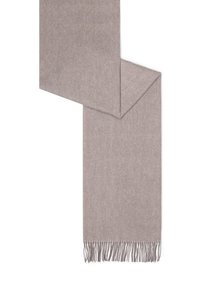 Light gray scarf made of soft material, featuring a rectangular shape, clean edges, and long fringes at one end.