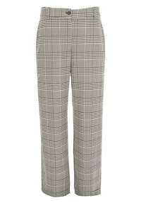 Schwarze und weiße Tweed-Hosen im Hahnentrittmuster, straight leg Design, mit Knopfverschluss vorne und Gürtelschlaufen. Mit strukturiertem Stofffinish.