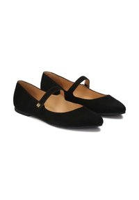 Schwarze Wildleder-Ballerinas mit spitzer Zehenform, ausgestattet mit einem Riemen über dem Spann und einem glatten beigen Innenfutter. Kleine goldene Hardware-Details an der Seite.