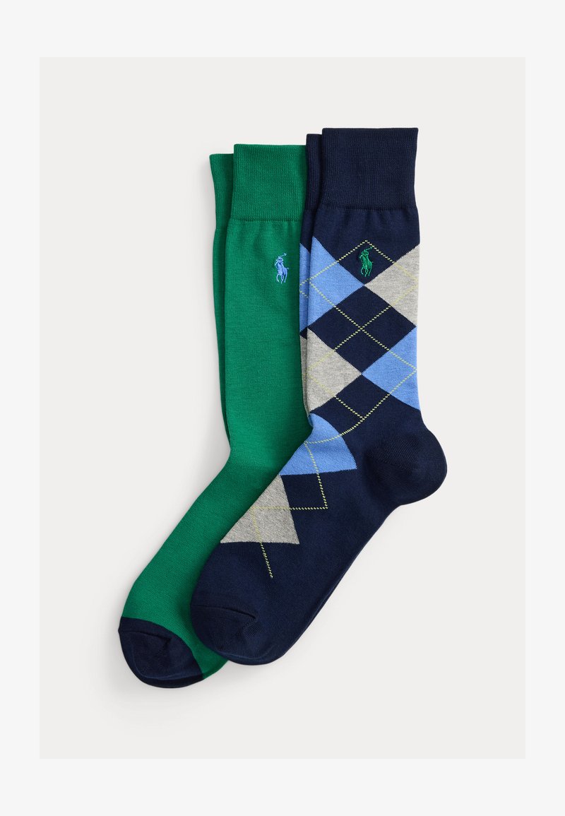 To par lange sokker, ett ensfarget grønt med lys blå logo, ett marineblått med blått, grått ruter mønster og grønn logo.