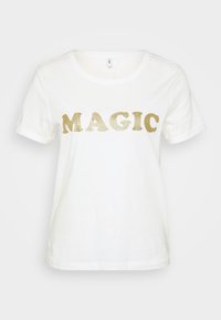 White T-shirt with short sleeves, featuring the word "MAGIC" in large glittery gold letters across the front. Smooth cotton texture.