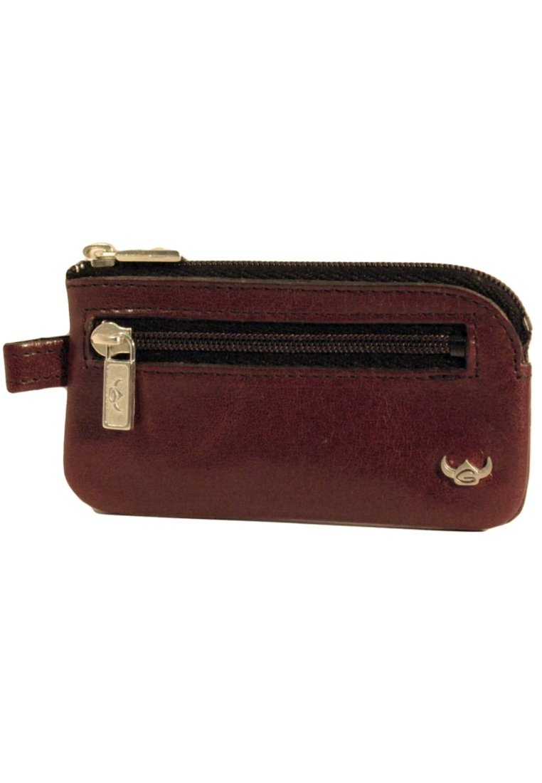 Portefeuille en cuir marron avec fermeture zippée, design mince, accents en matériel argenté et petit logo sur le côté.