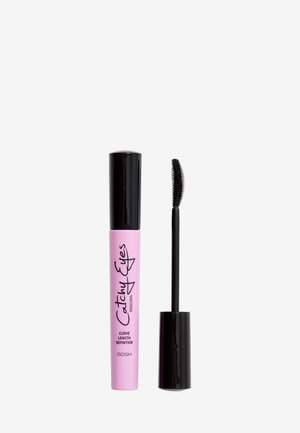 Pink mascara tube labeled "Catchy Eyes" with black text, accompanied by a black plastic applicator brush with fine bristles for precise application.