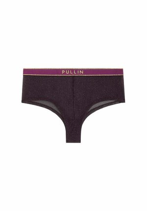 Culotte bikini noire pour femme avec une finition scintillante et une ceinture violette portant l'inscription "PULLIN" en lettres dorées.
