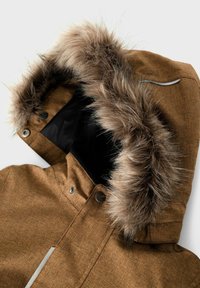 Brown, textured parka with a faux fur hood trim. Features silver accents and black lining. Includes snap and zipper closures.
