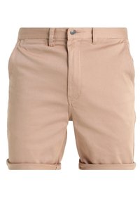 Shorts beige à ourlet roulé avec passants pour ceinture, bouton à l'avant, fermeture éclair et poches latérales.
