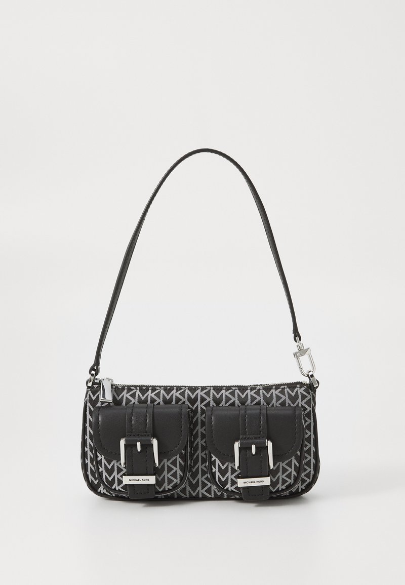 Sac à épaule noir et gris à motif avec deux poches avant, une texture lisse et des accents en métal argenté. Poignée réglable incluse.