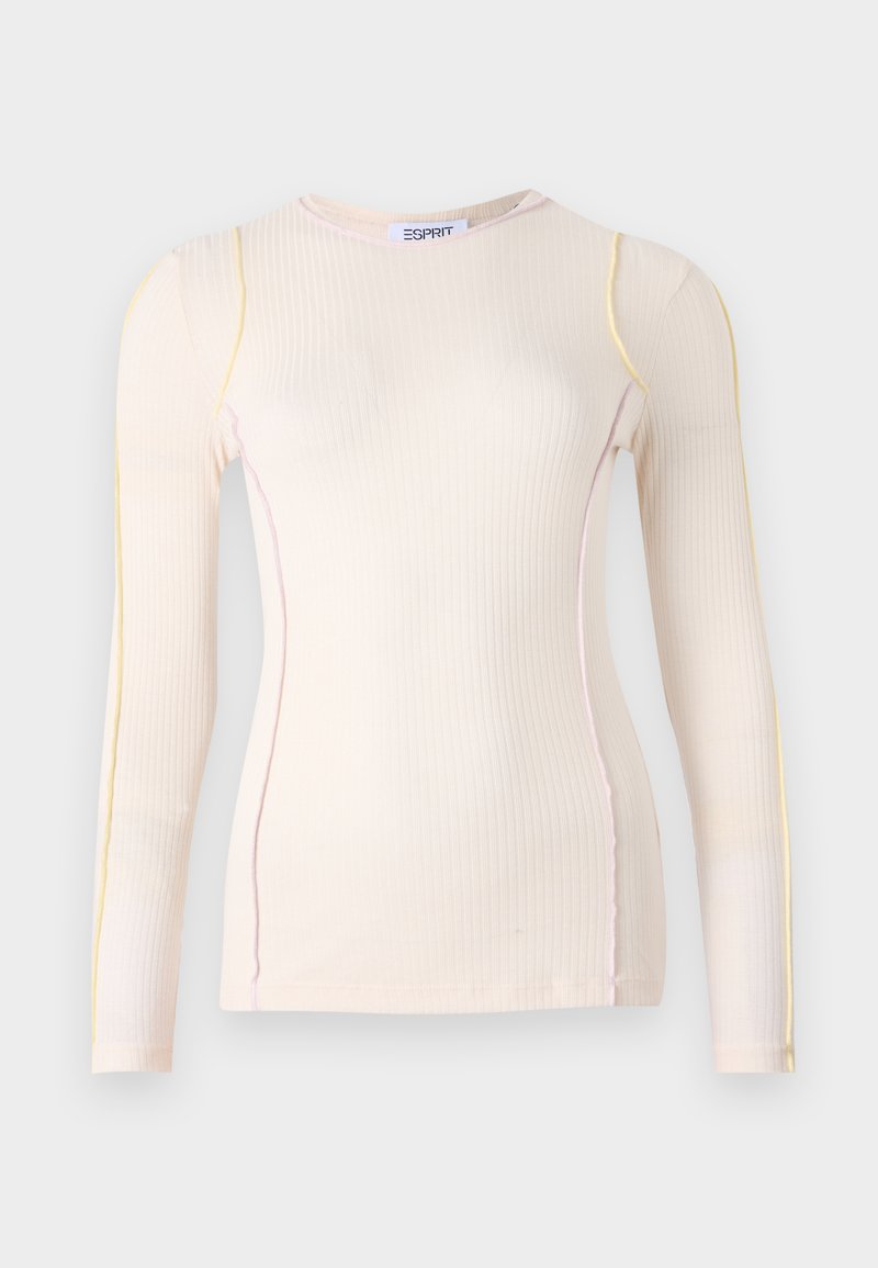 Helles rosa, geripptes Langarmoberteil mit gelben und rosa Nahtakzenten, Rundhalsausschnitt und taillierter Silhouette. Weicher Stoff und elastisches Material.