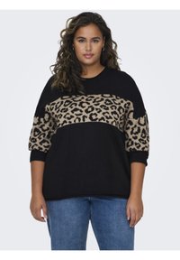 Črn pulover z leopardjim vzorcem v odtenkih bež in črne. Ima ohlapen kroj, rebraste manšete in okroglo vratno odprtino.