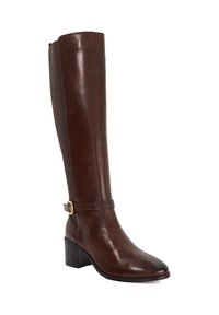 Brown leather knee-high boot with a moderate block heel, featuring a side zipper, gold-tone buckle accent, and smooth texture.
