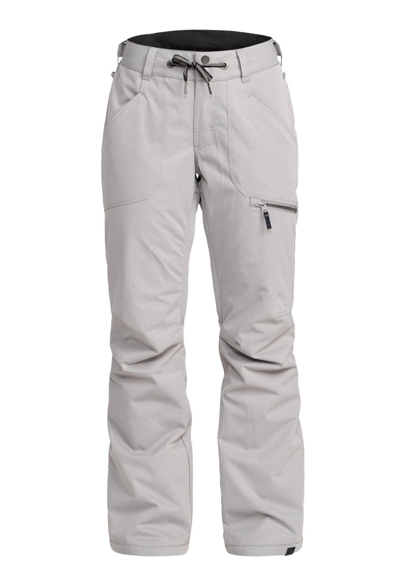 Pantalons de neige gris clair avec une texture lisse, taille ajustable et poches zippées. Présente une coupe décontractée et des jambes fuselées.