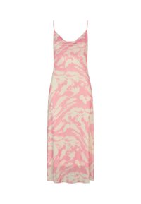 Długa sukienka bez rękawów w różowym i kremowym kolorze z wzorem tie-dye, wykonana z miękkiego, lekkiego materiału, z okrągłym dekoltem i luźnym krojem.