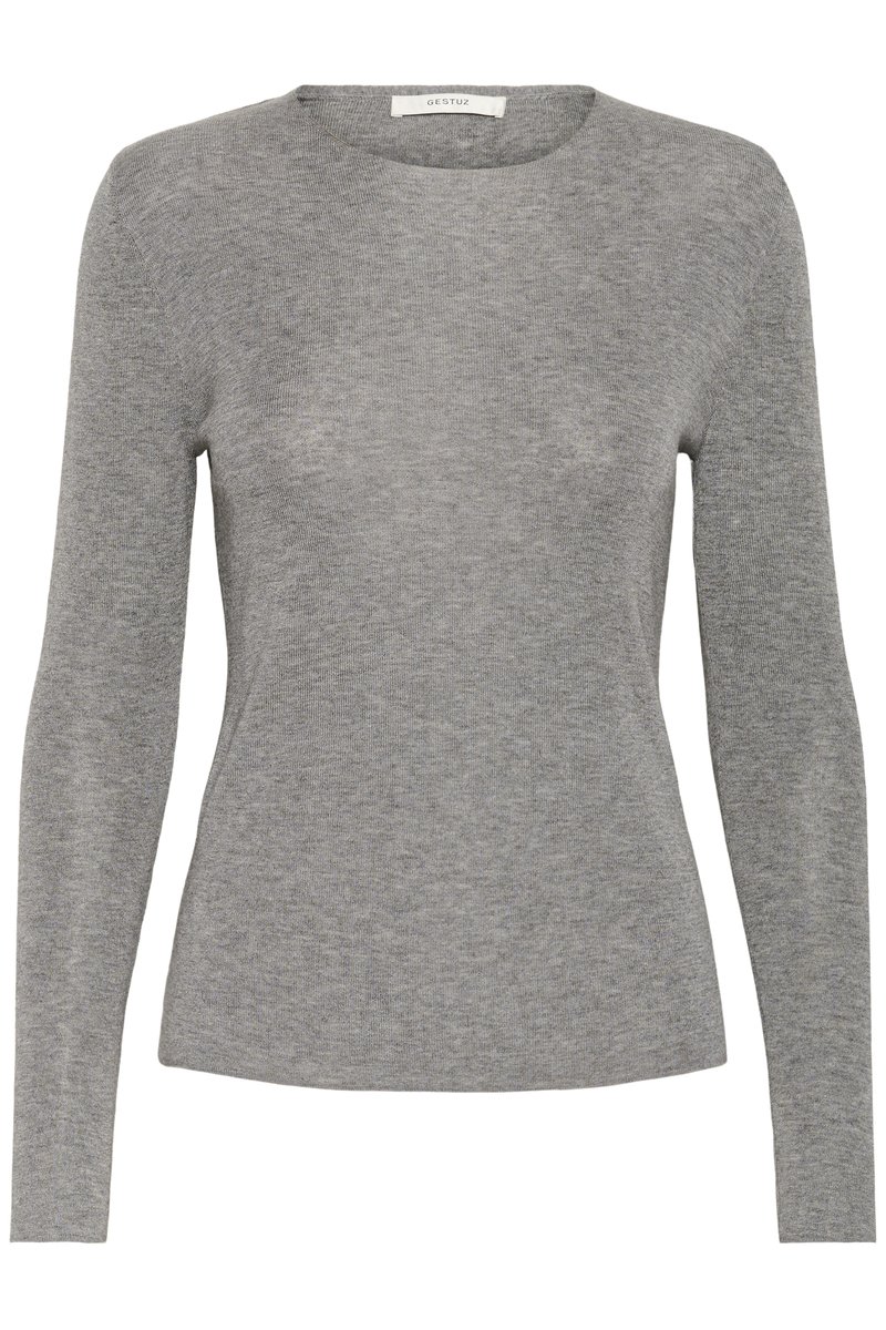 Top aderente a maniche lunghe in tessuto di maglia grigio mélange. Presenta una scollatura rotonda e una texture liscia senza motivi o dettagli visibili.