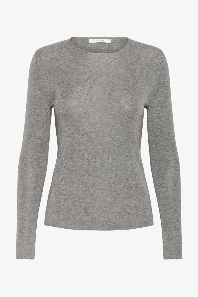 Top aderente a maniche lunghe in tessuto di maglia grigio mélange. Presenta una scollatura rotonda e una texture liscia senza motivi o dettagli visibili.
