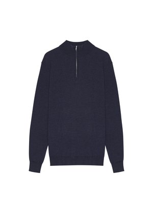 Navy blue pullover with a high collar and short zip closure. Made from soft fabric, featuring long sleeves and a fitted hem.