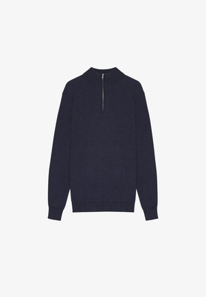 Navy blue pullover with a high collar and short zip closure. Made from soft fabric, featuring long sleeves and a fitted hem.
