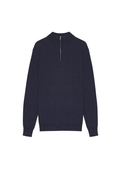 Marineblaues Sweatshirt mit hohem Kragen und kurzem Reißverschluss. Aus weichem Stoff gefertigt, mit langen Ärmeln und einem taillierten Saum.