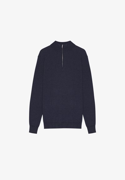 Pullover blu navy con colletto alto e chiusura con zip corta. Realizzato in tessuto morbido, presenta maniche lunghe e orlo aderente.