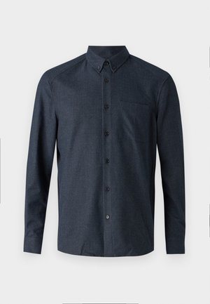 Dark blue long-sleeve shirt made of textured fabric, featuring a button-down collar, front pocket, and six black buttons on the placket.