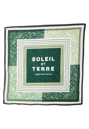 Čtvercový zeleno-bílý šátek s paisley vzory a textem "SOLEIL ET TERRE STREET ONE DESIGN" uprostřed.