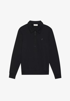 Sort pullover sweatshirt med lynlås ved kraven, ribbede manchetter og et diskret logo på brystet. Fremstillet af blødt stof med en glat tekstur.