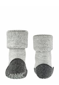Calze grigie lavorate a maglia con bordo arrotolato, suola grigio scuro a contrasto e punti di grip texturizzati. Tessuto morbido e accogliente con un design semplice.