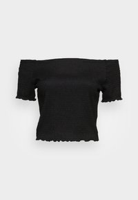 Top negro con escote tipo off-the-shoulder, hecho de una tela texturizada, con mangas cortas y un dobladillo con ondas. Diseño ajustado con una silueta corta.