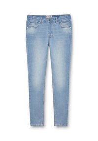 Vaqueros ajustados de color azul claro con un diseño deslavado, cinco bolsillos, cierre de botón y cintura con trabillas para cinturón. Fabricados en tejido de denim.