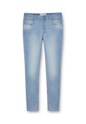 Vaqueros ajustados de color azul claro con un diseño deslavado, cinco bolsillos, cierre de botón y cintura con trabillas para cinturón. Fabricados en tejido de denim.